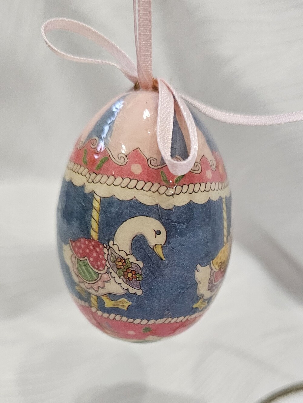 Vintage Paper Mache Swan Carousel Hanging Egg Ornament - Pink and Blue